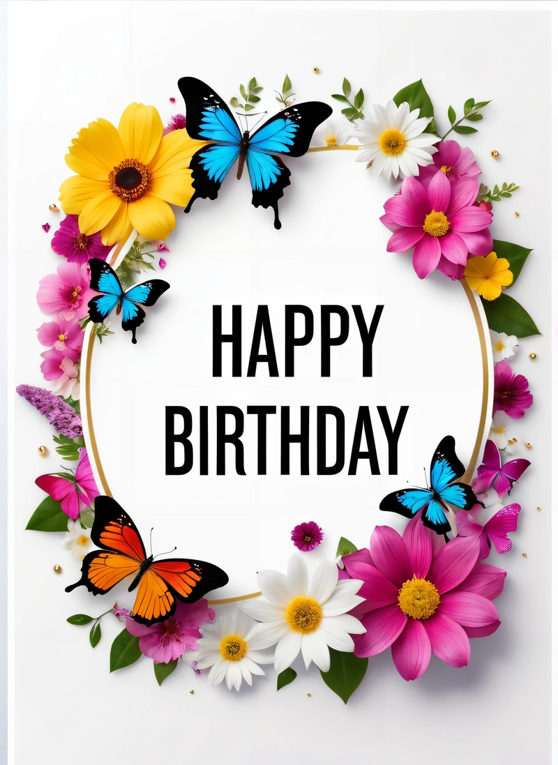 A Birthday card with butterflies and flowers around it with the words happy Birthday written in a circle surrounded by daisies and daisies on a white background, plain background, a pastel, computer art