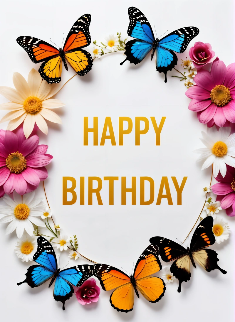 A Birthday card with butterflies and daisies in a circle with the words happy Birthday written in the center of the card, surrounded by daisies and daisies, plain background, a pastel, orphism