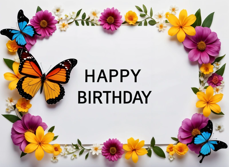 A Birthday card with a butterfly and flowers around it with the words happy Birthday written in black on a white background with a border of flowers, plain background, a pastel, folk art