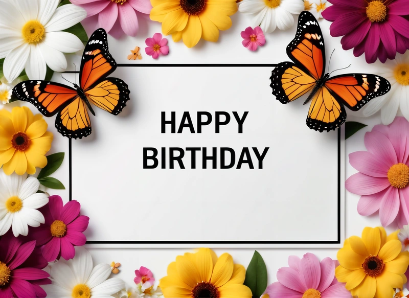 A white square frame with a bunch of flowers and butterflies around it with a happy Birthday message in the center of the frame on a white background, plain background, a pastel, international typographic style