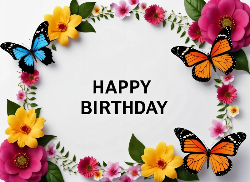 A Birthday card with butterflies and flowers around it with the words happy Birthday written in black on a white background with a border of pink and yellow flowers, plain background, a pastel, naive art