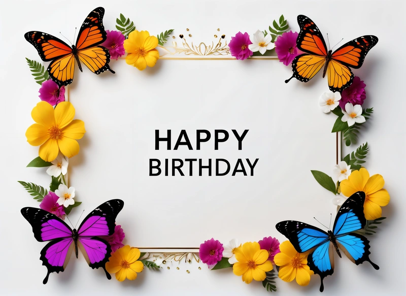 A Birthday card with butterflies and flowers around it with the words happy Birthday written in black on a white background with a border of yellow and purple butterflies, plain background, a pastel, lyco art