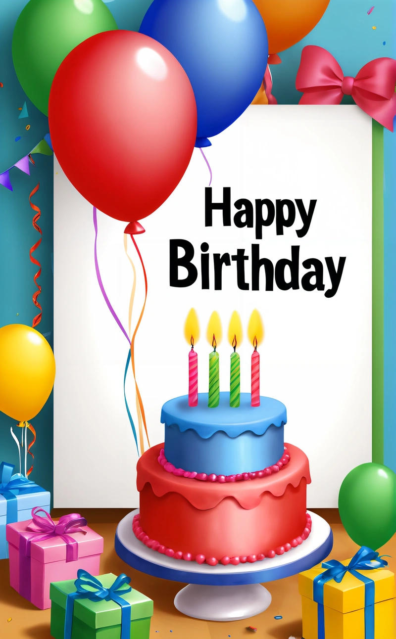 A Birthday cake with candles and balloons on a table with a sign and presents around it that says happy Birthday with balloons and gifts around, plain background, a pastel, international typographic style