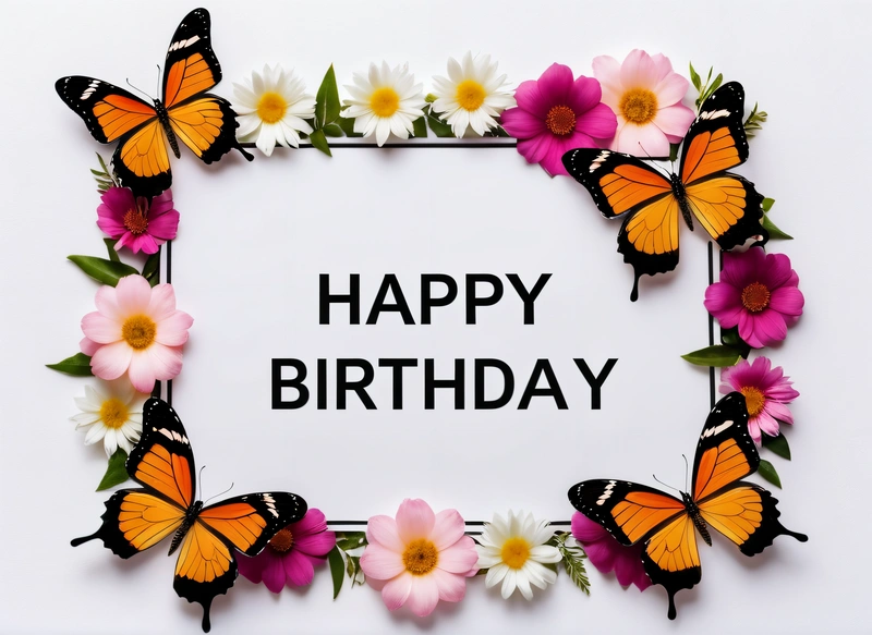 A picture of a Birthday card with butterflies and flowers around it with the words happy Birthday written in the center of the card and the butterflies, plain background, a pastel, lyco art