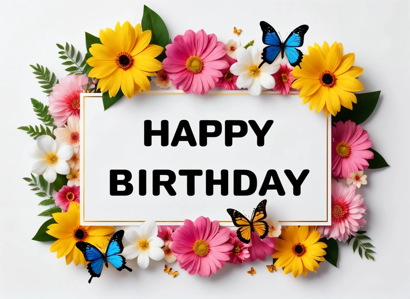 A Birthday card with flowers and butterflies around it with a white background with a white sign that says happy Birthday on it with a border of flowers, plain background, a pastel, international typographic style