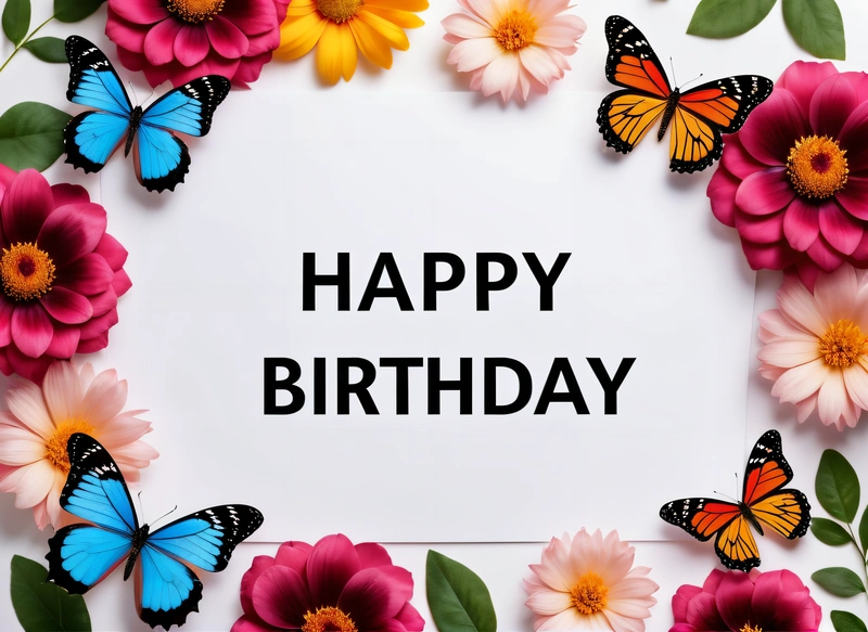 A white sheet with a butterfly and flowers around it that says happy Birthday on it, surrounded by butterflies and flowers, on a white background with a, plain background, a pastel, international typographic style