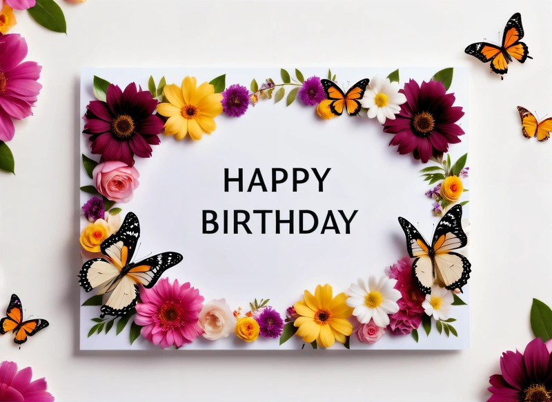 A Birthday card with flowers and butterflies around it with the words happy Birthday written on it in a white card surrounded by pink and yellow flowers, plain background, a pastel, naive art