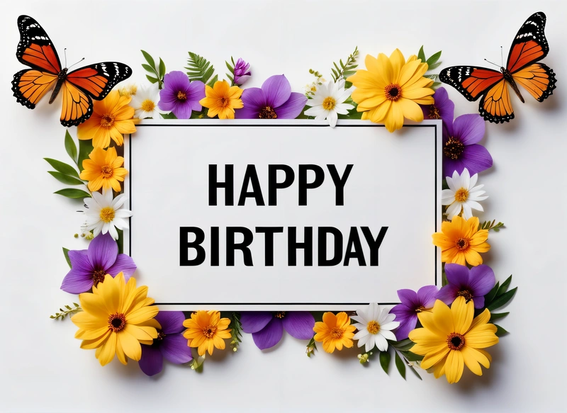 A white sign with a black frame and yellow and purple flowers and butterflies around it that says happy Birthday on a white background with a, plain background, a pastel, orphism