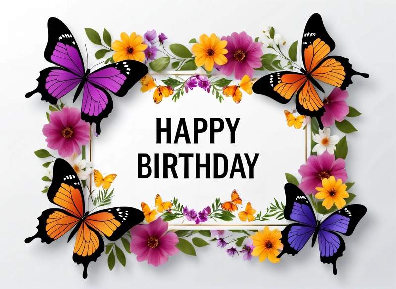 A Birthday card with butterflies and flowers around it with the words happy Birthday written in the center of the card and a white background with a, plain background, a pastel, lyco art