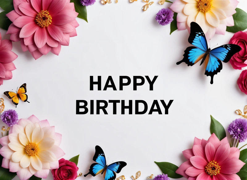 A Birthday card with flowers and butterflies on it with the words happy Birthday written in black on the card and a white background with a black border, plain background, a pastel, international typographic style