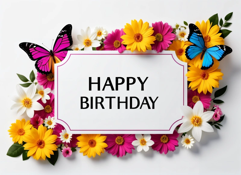 A Birthday card with flowers and butterflies around it with a white background and a pink border with a white border with a pink border with a happy Birthday, plain background, a pastel, international typographic style