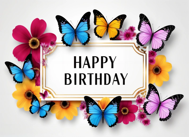 A Birthday card with butterflies and flowers around it with a white frame with a happy Birthday message in the center of the card is a, plain background, a pastel, lyco art
