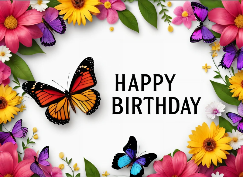 A Birthday card with a butterfly and flowers on it with a white background and a happy Birthday message in the center of the card is a butterfly, plain background, a pastel, lyco art