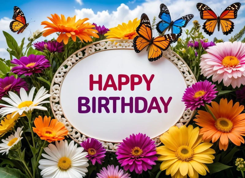 A Birthday card with a picture of a butterfly and flowers in the background with a sky background with clouds and a few butterflies in the foreground, plain background, a pastel, naive art