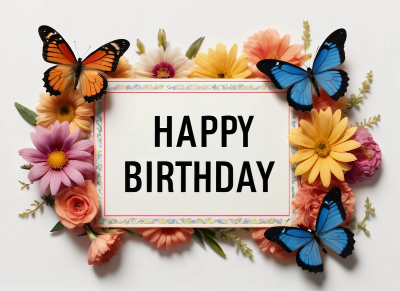 A Birthday card with butterflies and flowers around it with the words happy Birthday written on it in a frame with a border of flowers and butterflies, plain background, a pastel, international typographic style