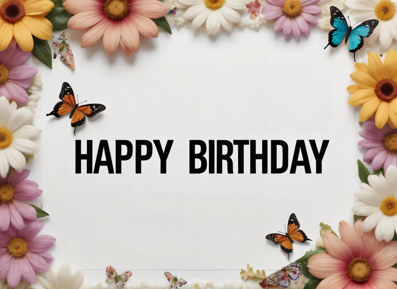 A Birthday card with a picture of a butterfly and flowers around it with the words happy Birthday written in black on a white background with a border of daisies, plain background, a pastel, international typographic style