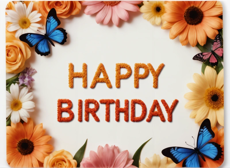 A Birthday card with a butterfly and flowers on it with the words happy Birthday written in orange and blue letters on a white background with a border of flowers, plain background, a pastel, international typographic style