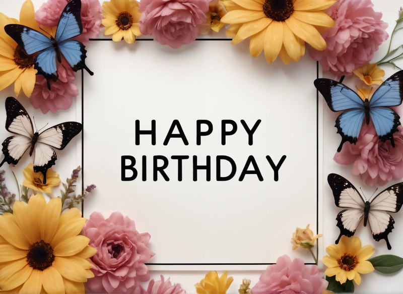 A Birthday card with flowers and butterflies around it with the words happy Birthday written in black on a white background with a border of pink and yellow flowers, plain background, a pastel, international typographic style