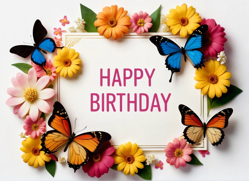 A Birthday card with butterflies and flowers around it with a pink text that reads happy Birthday on it in a white frame with a pink border, plain background, a pastel, naive art