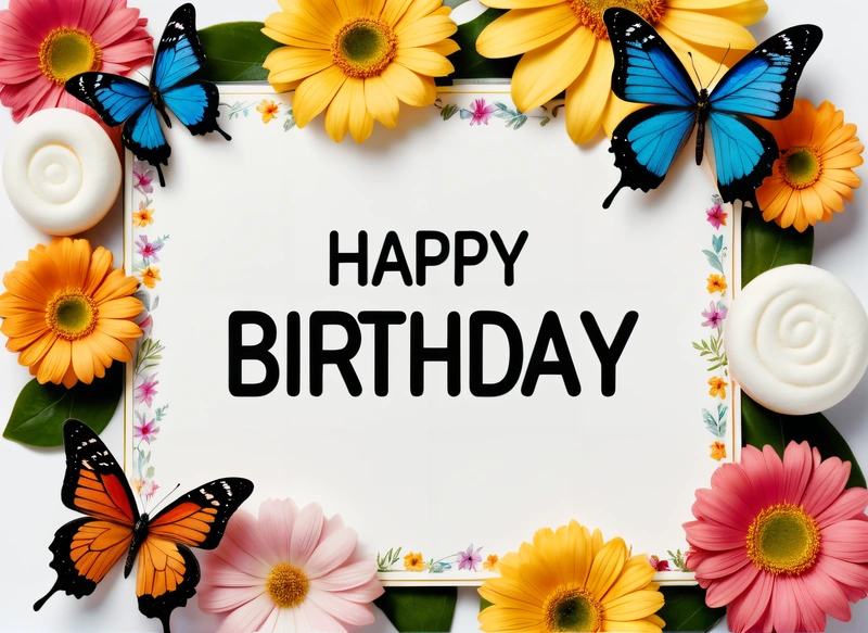 A Birthday card with flowers and butterflies around it with a butterfly saying happy Birthday on it's side of the card, with a white background with a, plain background, a pastel, international typographic style