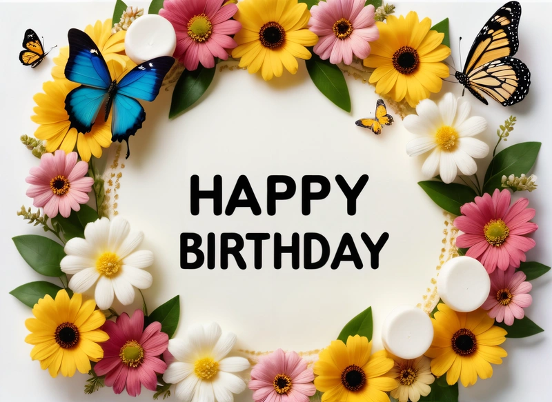 A Birthday card with flowers and butterflies around it with the words happy Birthday written in the center of the card and a butterfly on the front of the card, plain background, a pastel, international typographic style