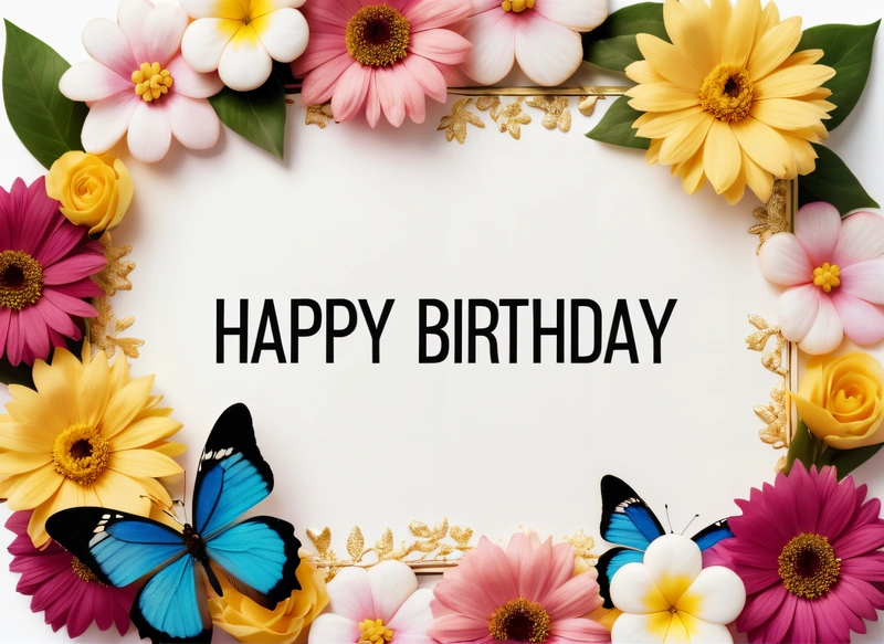 A Birthday card with a butterfly and flowers around it with the words happy Birthday written in black on a white background with a border of flowers, plain background, a pastel, international typographic style