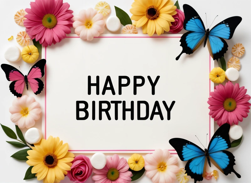 A Birthday card with butterflies and flowers around it with the words happy Birthday written in black on a white background with a pink border of pink, yellow, pink,, plain background, a pastel, international typographic style