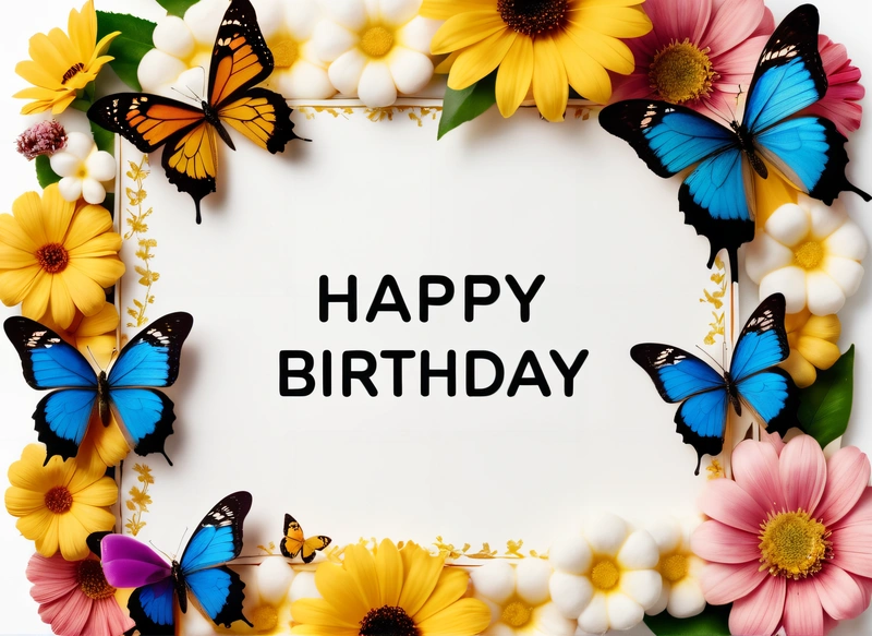 A Birthday card with butterflies and flowers around it with the words happy Birthday written in black on a white background with a border of daisies and daisies, plain background, a pastel, international typographic style