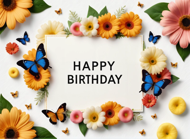 A Birthday card with a frame of flowers and butterflies around it with a butterfly on the card and a butterfly on the card with the words happy Birthday, plain background, a pastel, international typographic style