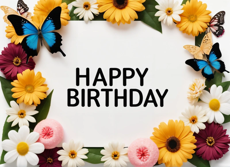 A Birthday card with flowers and butterflies around it with the words happy Birthday written in black on a white background with a border of daisies and daisies, plain background, a pastel, international typographic style