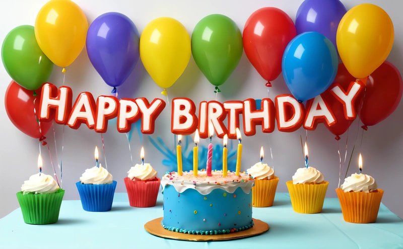 A Birthday cake with candles and balloons on a table with a happy Birthday sign and balloons in the background with the words happy Birthday written on it, plain background, a pastel, international typographic style