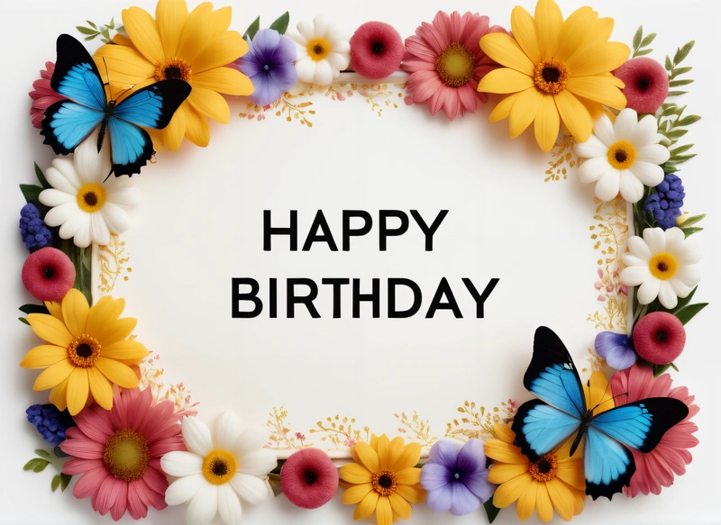 A Birthday card with a butterfly and flowers around it with the words happy Birthday written in black on a white background with a border of flowers, plain background, a pastel, international typographic style