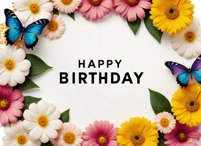 A Birthday card with a butterfly and flowers around it with the words happy Birthday written in black on a white background with a border of flowers, plain background, a pastel, international typographic style