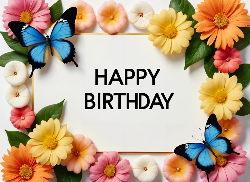 A Birthday card with a butterfly and flowers around it with the words happy Birthday written in black on a white background with a border of flowers, plain background, a pastel, international typographic style
