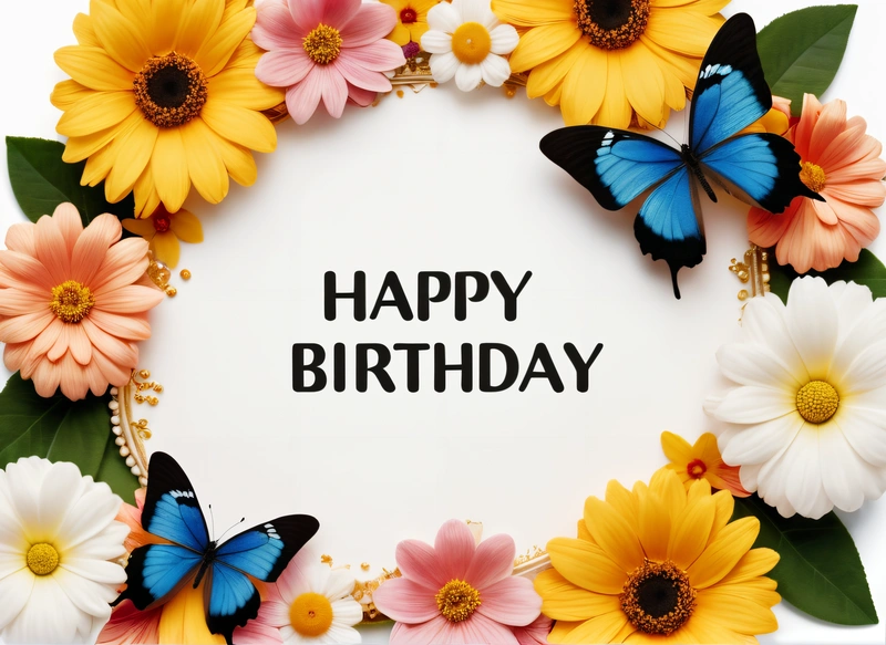 A Birthday card with a butterfly and flowers around it with the words happy Birthday written in black on a white background with a border of flowers, plain background, a pastel, international typographic style