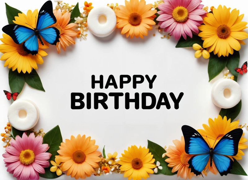 A Birthday card with flowers and butterflies around it with the words happy Birthday written in black on a white background with a border of flowers and butterflies, plain background, a pastel, international typographic style