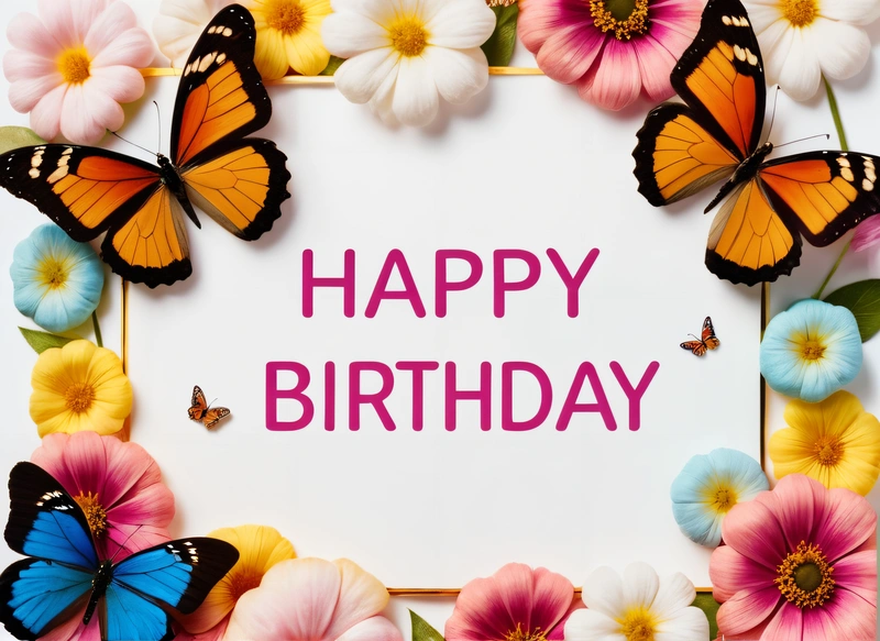 A Birthday card with butterflies and flowers around it with the words happy Birthday written in pink on a white background with a border of flowers, plain background, a pastel, naive art