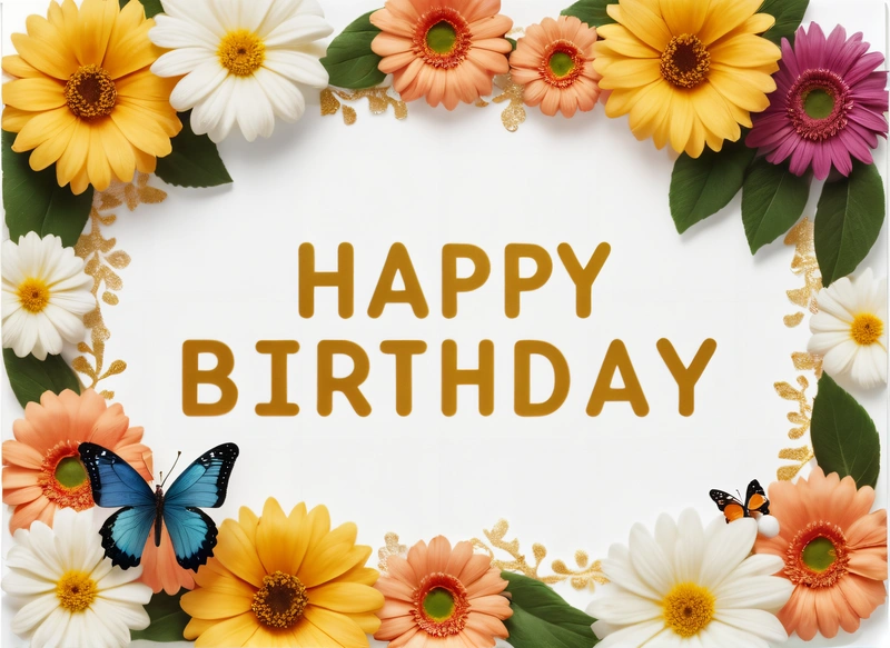 A Birthday card with daisies and daisies and a butterfly on it with the words happy Birthday written in gold on the front of the card, plain background, a pastel, international typographic style