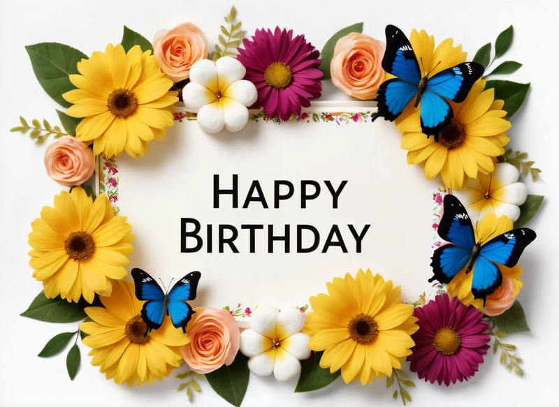 A Birthday card with flowers and butterflies around it with the words happy Birthday written in the center of the card and a white background with a, plain background, a pastel, naive art