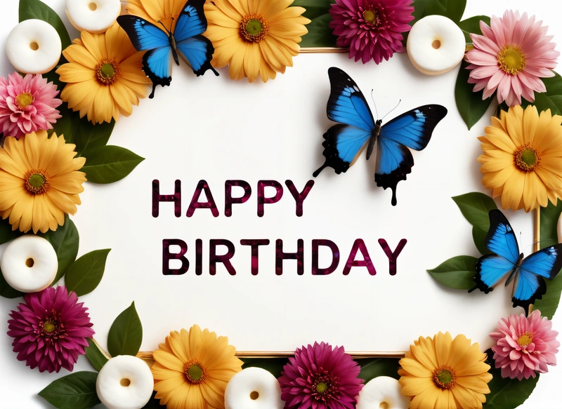 A Birthday card with a butterfly and flowers around it with the words happy Birthday written in the center of the card and butterflies around the card, plain background, a pastel, lyco art