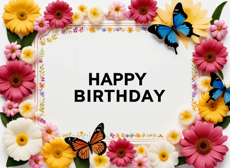A Birthday card with a butterfly and flowers around it with the words happy Birthday written in black on a white background with a border of flowers, plain background, a pastel, international typographic style