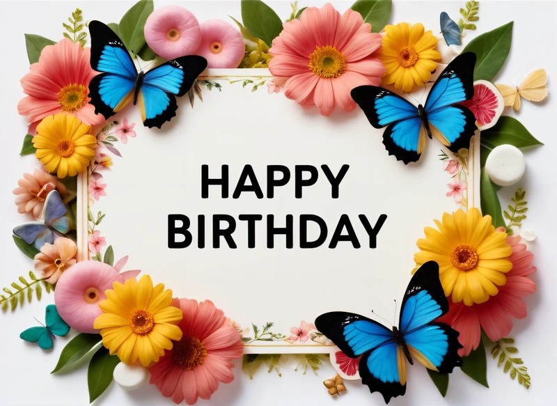 A Birthday card with butterflies and flowers around it with the words happy Birthday written in black on a white background with a border of flowers, plain background, a pastel, international typographic style