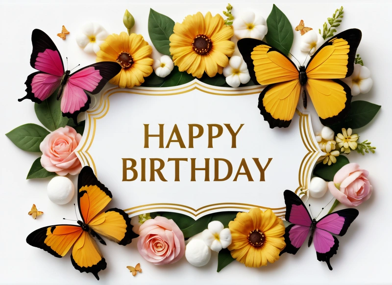 A Birthday card with butterflies and flowers around it with a message in the center of the card that says happy Birthday on it's corner, plain background, a pastel, lyco art