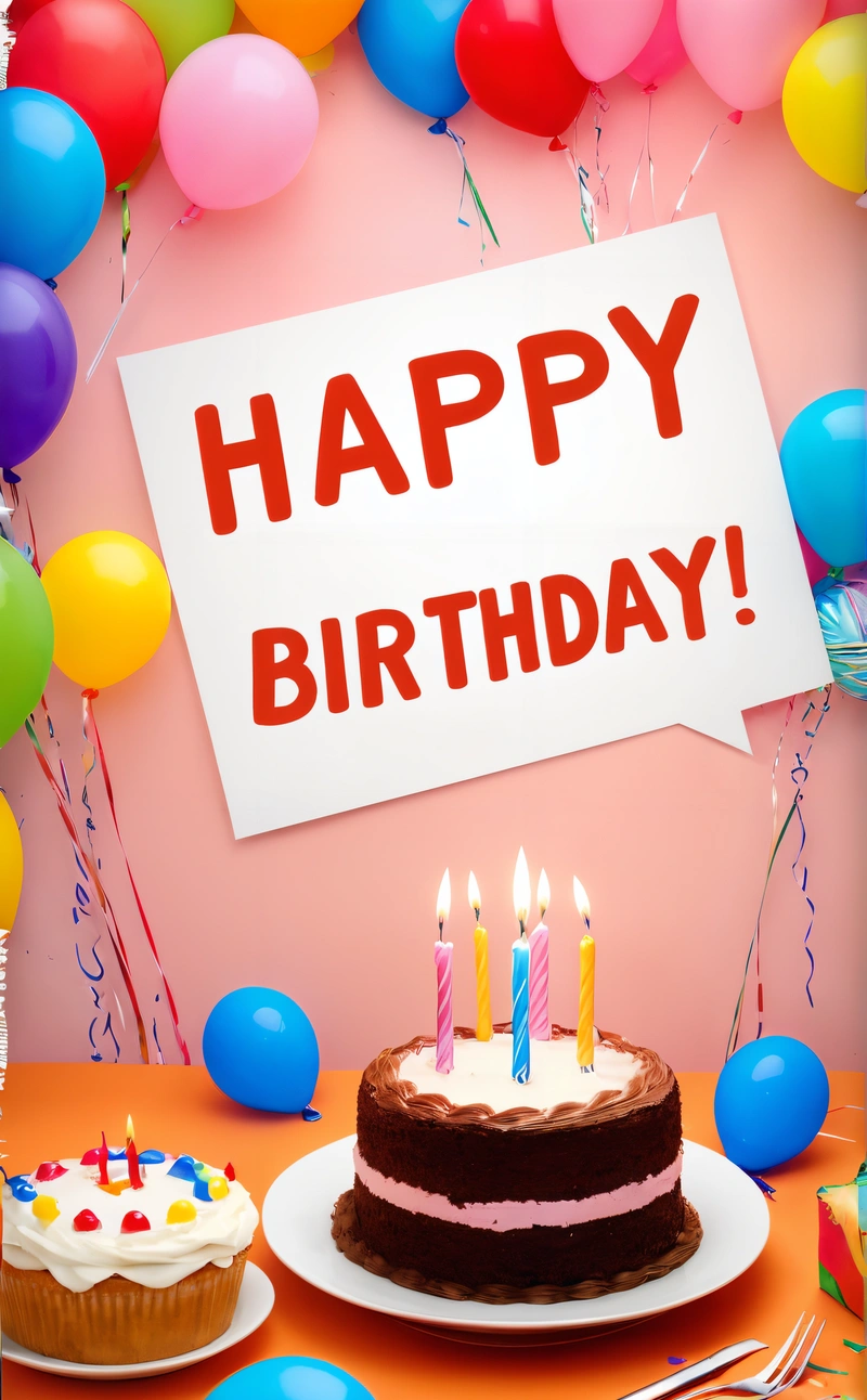 A Birthday cake with candles and balloons around it with a sign that says happy Birthday on it and a sign that says happy Birthday on it, plain background, a pastel, international typographic style