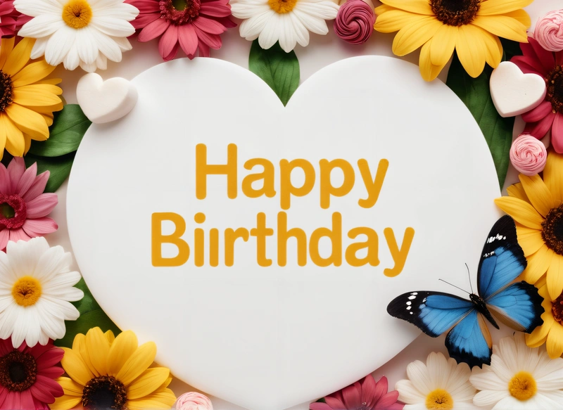 A heart shaped sign with a butterfly on it surrounded by flowers and daisies with the words happy Birthday written on it in a heart, plain background, a pastel, naive art