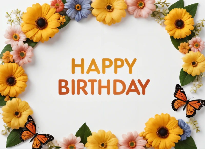 A Birthday card with a butterfly and flowers around it with the words happy Birthday written in the center of the card and butterflies around the card, plain background, a pastel, international typographic style