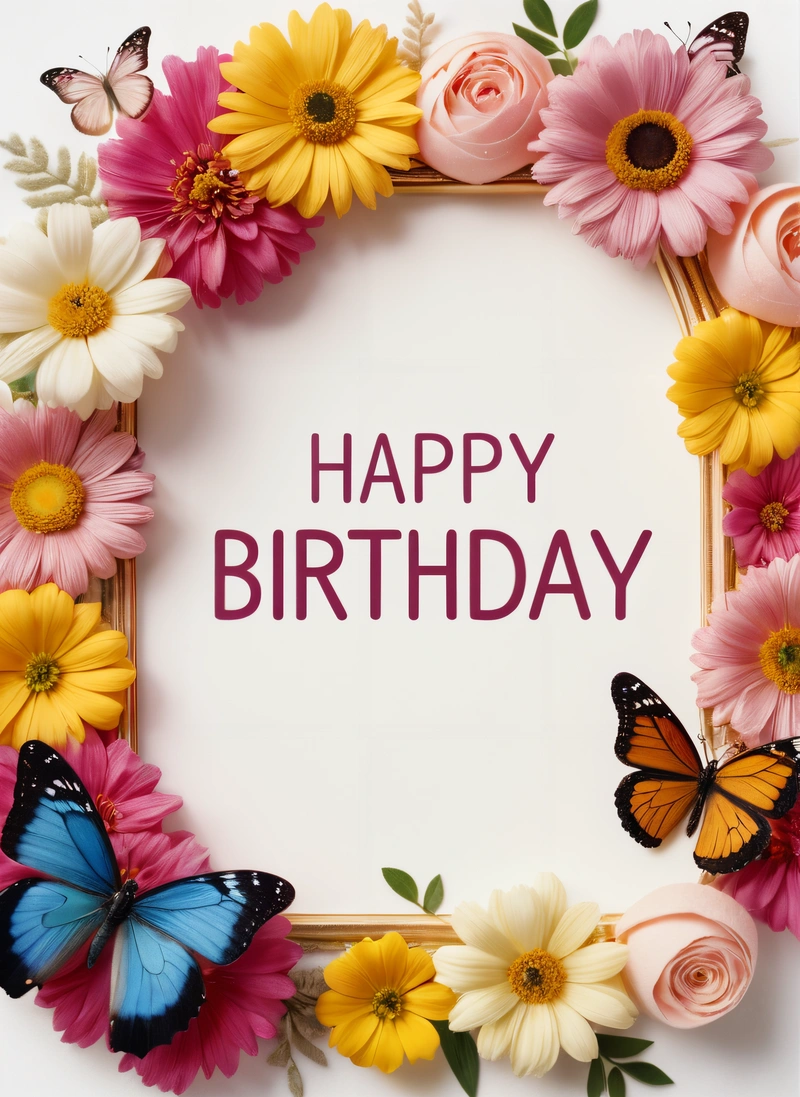 A Birthday card with a frame of flowers and butterflies around it with a butterfly saying happy Birthday on it's side of the card, plain background, a pastel, naive art