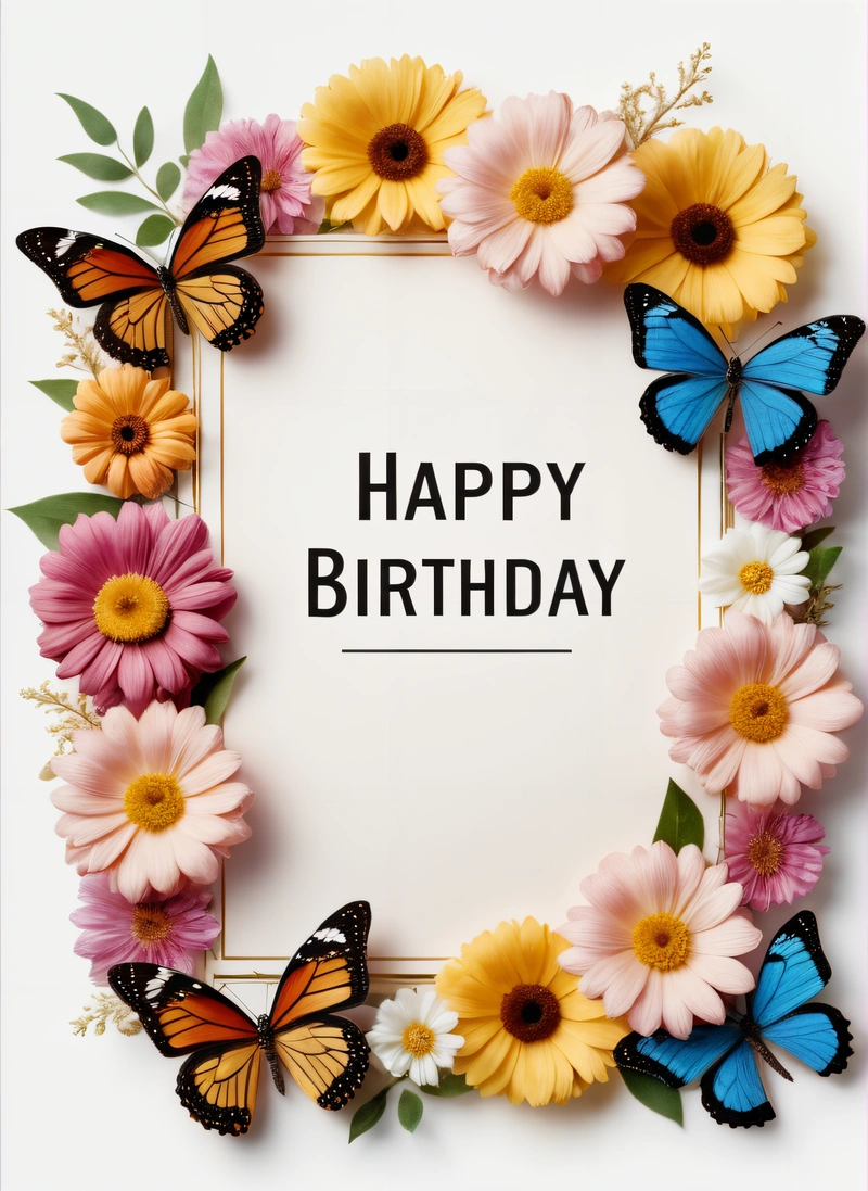 A Birthday card with a frame of flowers and butterflies on it with a message that reads happy Birthday on the front of the card is a white background, plain background, a pastel, international typographic style