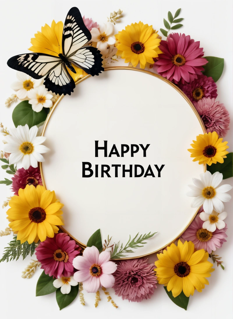 A Birthday card with a picture of a butterfly and flowers around it with the words happy Birthday written in the center of the card and a butterfly, plain background, a pastel, barbizon school