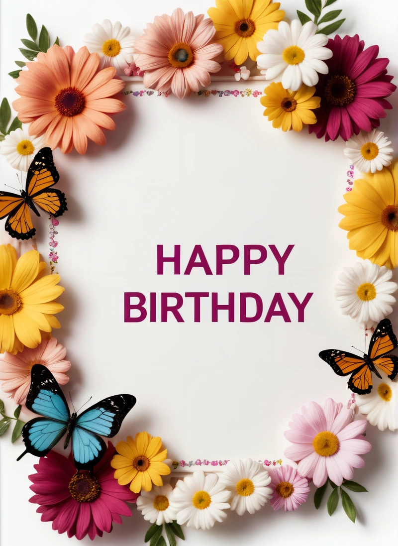 A Birthday card with a frame of flowers and butterflies on it with a message that reads happy Birthday to all of us and the rest, plain background, a pastel, naive art